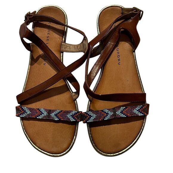 Chinese Laundry Womens Size 8.5 Beaded Toe Sandals Brown Ankle Strap Flats - Picture 1 of 7